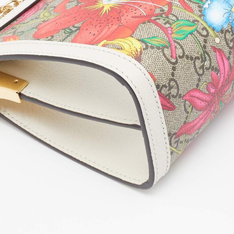 Pre Owned Gucci Beige/White GG Supreme Canvas And Leather Floral Ophidia Chain Bag