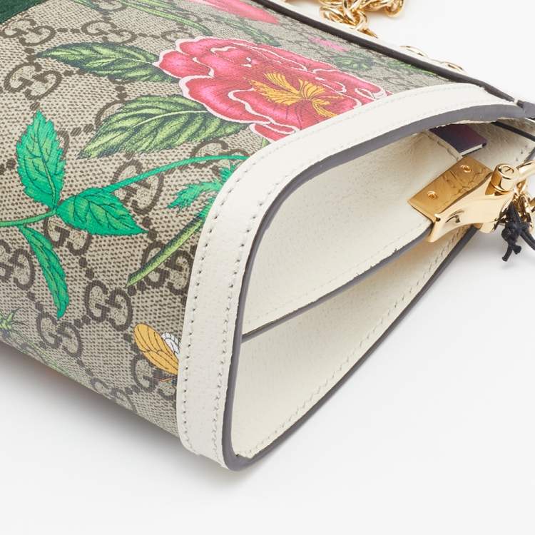 Pre Owned Gucci Beige/White GG Supreme Canvas And Leather Floral Ophidia Chain Bag