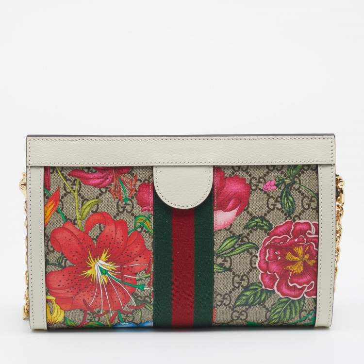 Pre Owned Gucci Beige/White GG Supreme Canvas And Leather Floral Ophidia Chain Bag