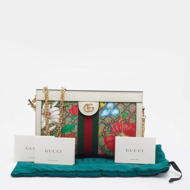Pre Owned Gucci Beige/White GG Supreme Canvas And Leather Floral Ophidia Chain Bag