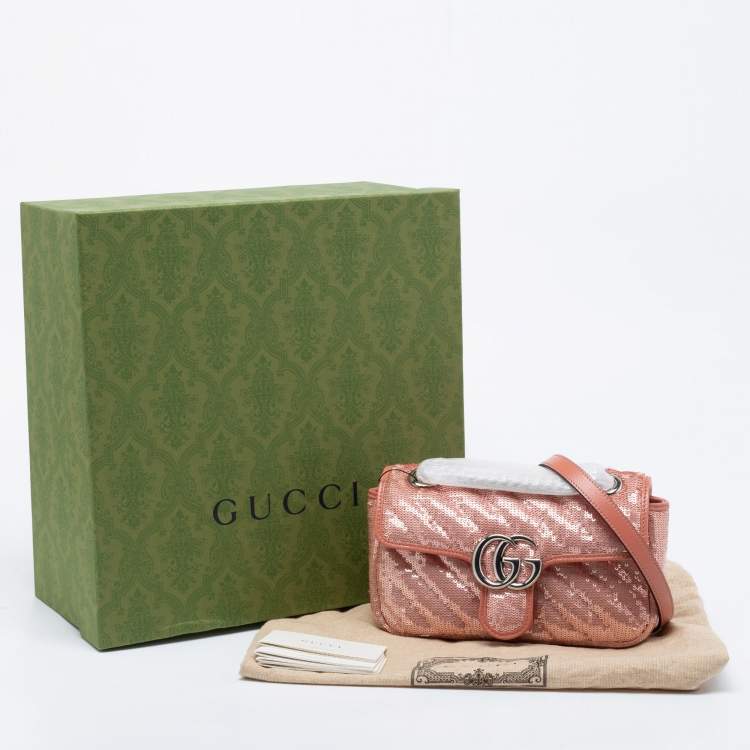 Pre Owned Gucci Pink Diagonal Sequins And Leather Mini GG Marmont Shoulder Bag