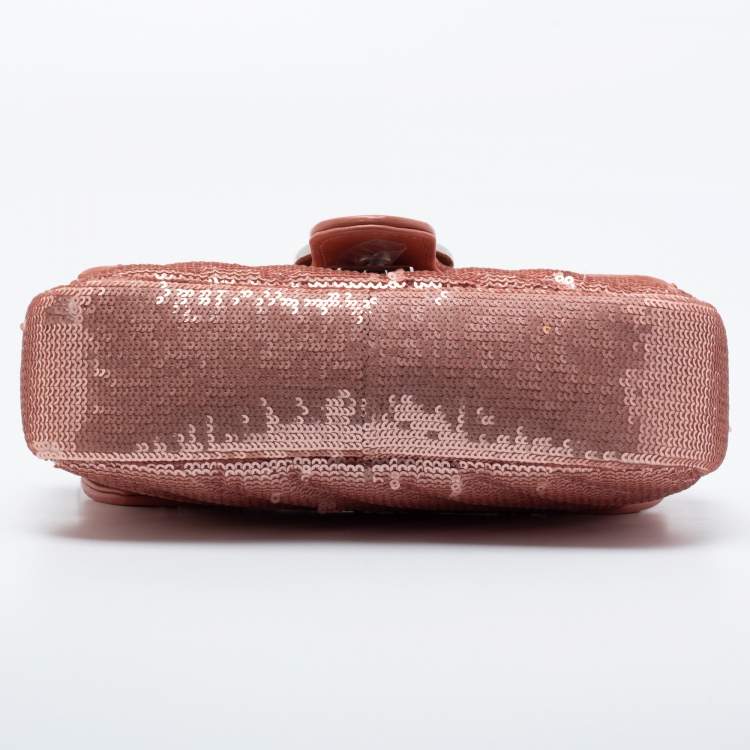 Pre Owned Gucci Pink Diagonal Sequins And Leather Mini GG Marmont Shoulder Bag