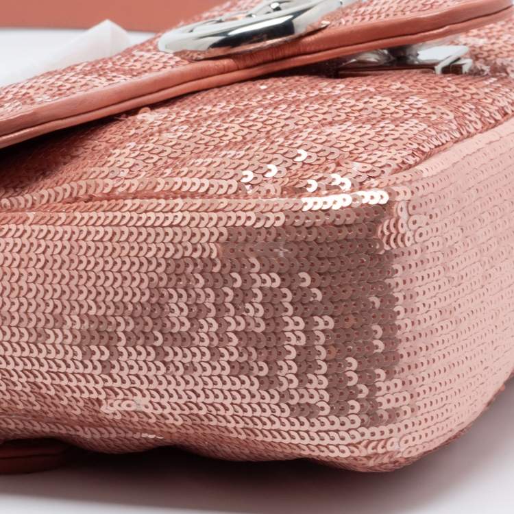 Pre Owned Gucci Pink Diagonal Sequins And Leather Mini GG Marmont Shoulder Bag