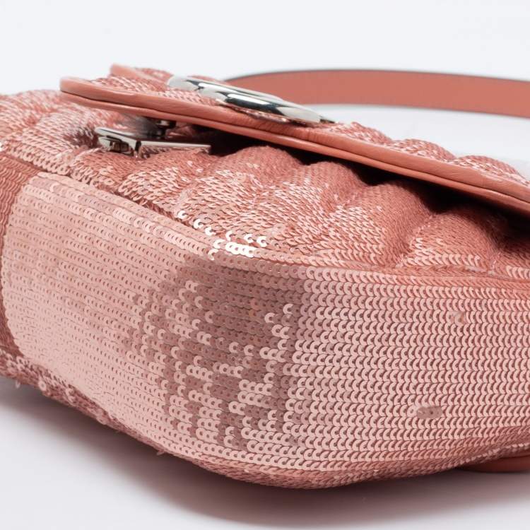 Pre Owned Gucci Pink Diagonal Sequins And Leather Mini GG Marmont Shoulder Bag