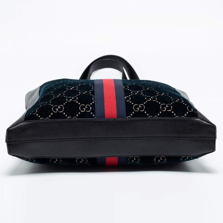 Pre Owned Gucci Blue/Black GG Velvet And Leather Large Ophidia Vertical Tote