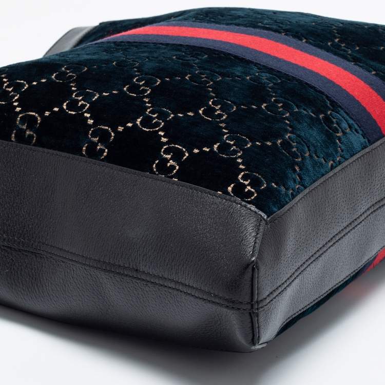 Pre Owned Gucci Blue/Black GG Velvet And Leather Large Ophidia Vertical Tote