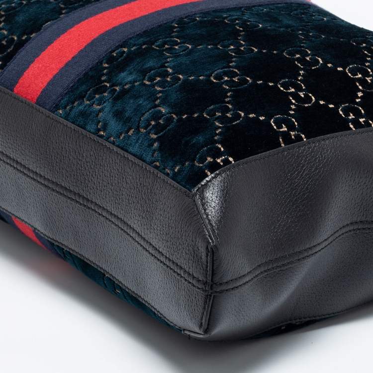 Pre Owned Gucci Blue/Black GG Velvet And Leather Large Ophidia Vertical Tote