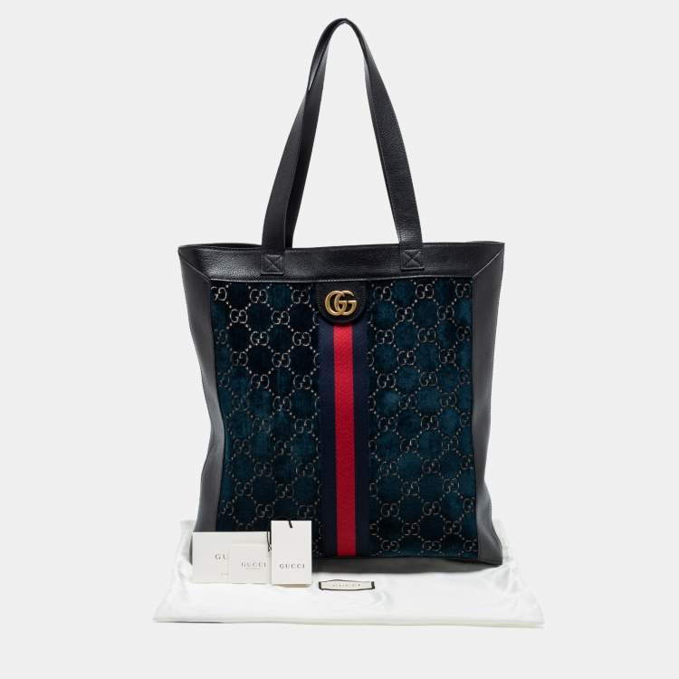 Pre Owned Gucci Blue/Black GG Velvet And Leather Large Ophidia Vertical Tote