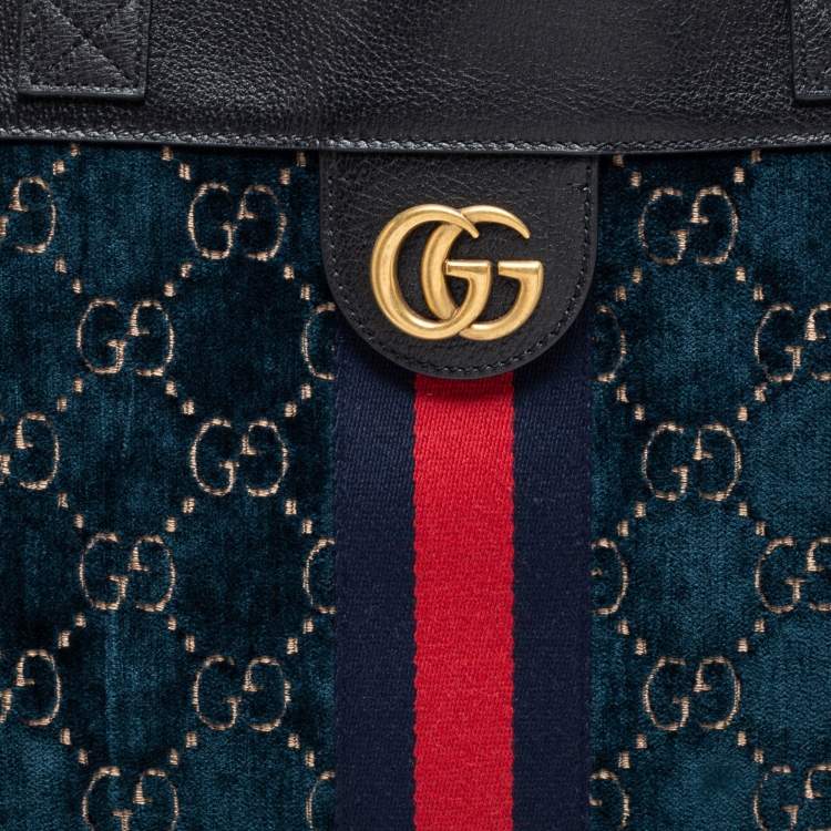 Pre Owned Gucci Blue/Black GG Velvet And Leather Large Ophidia Vertical Tote