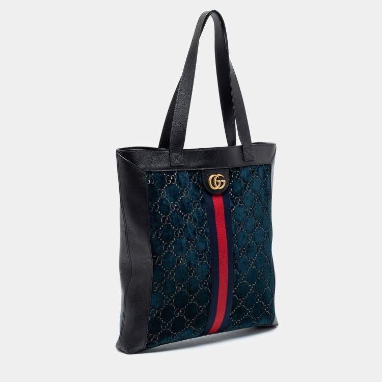 Pre Owned Gucci Blue/Black GG Velvet And Leather Large Ophidia Vertical Tote