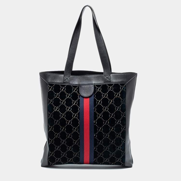 Pre Owned Gucci Blue/Black GG Velvet And Leather Large Ophidia Vertical Tote