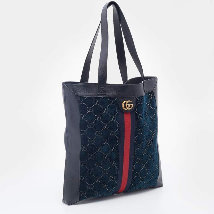 Pre Owned Gucci Black/Dark Green Velvet and Leather Ophidia Shopper Tote