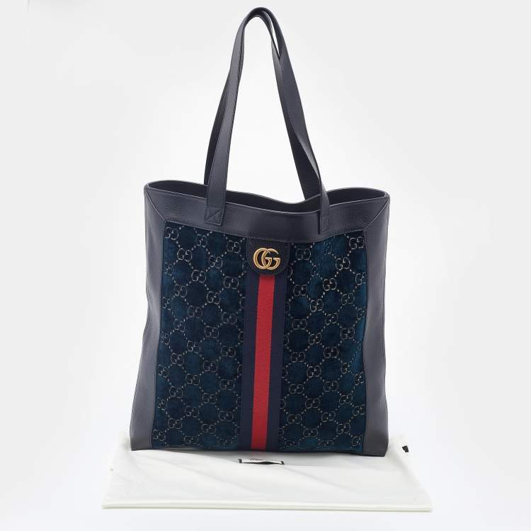 Pre Owned Gucci Black/Dark Green Velvet and Leather Ophidia Shopper Tote