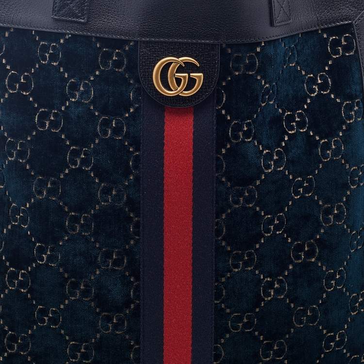 Pre Owned Gucci Black/Dark Green Velvet and Leather Ophidia Shopper Tote