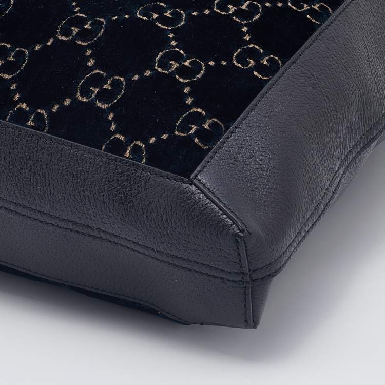 Pre Owned Gucci Black/Dark Green Velvet and Leather Ophidia Shopper Tote
