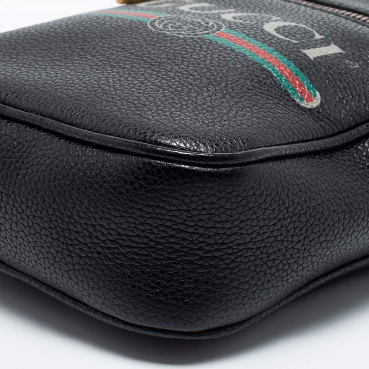Pre Owned Gucci Black Leather Logo Print Messenger Bag 