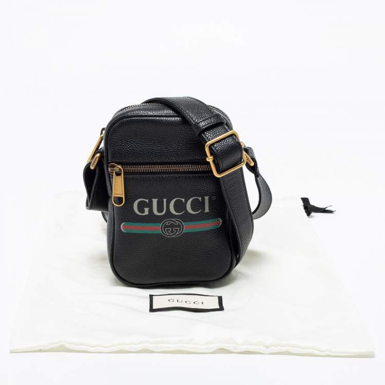 Pre Owned Gucci Black Leather Logo Print Messenger Bag 