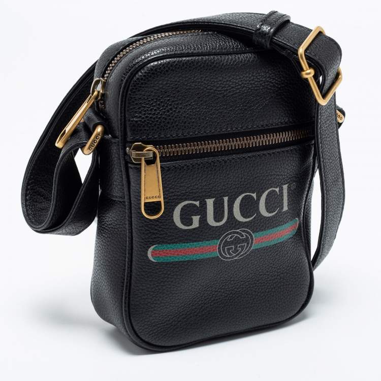 Pre Owned Gucci Black Leather Logo Print Messenger Bag 