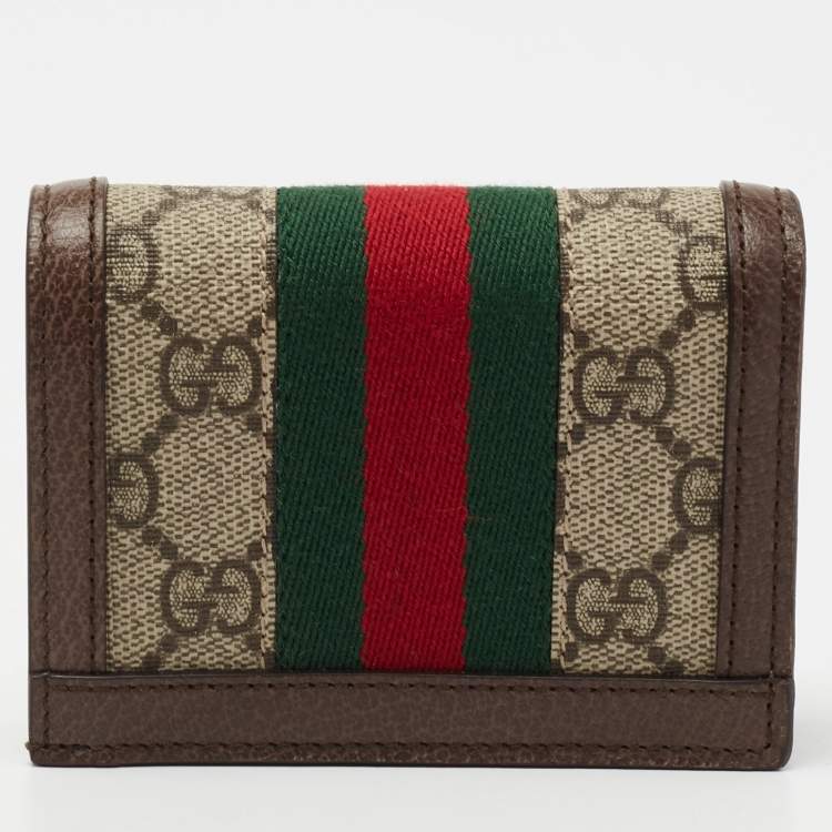 Pre Owned Gucci Brown GG Supreme Canvas and Leather Web Ophidia Card Case Wallet