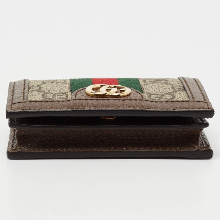 Pre Owned Gucci Brown GG Supreme Canvas and Leather Web Ophidia Card Case Wallet
