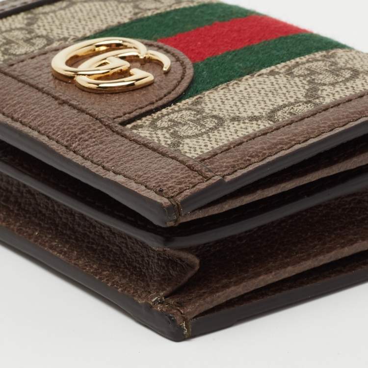 Pre Owned Gucci Brown GG Supreme Canvas and Leather Web Ophidia Card Case Wallet