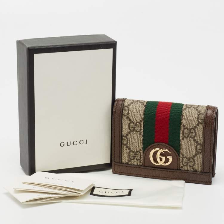 Pre Owned Gucci Brown GG Supreme Canvas and Leather Web Ophidia Card Case Wallet