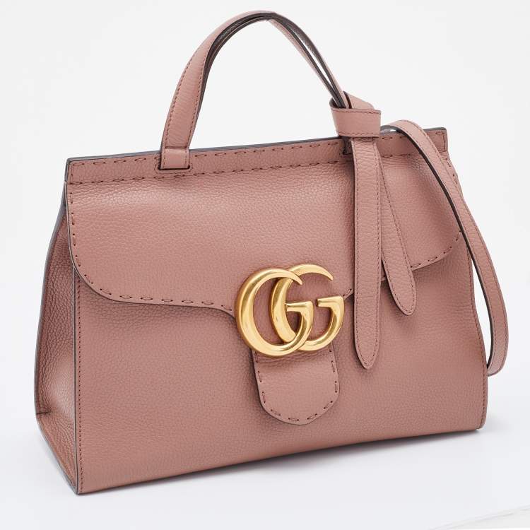 Pre Owned Gucci Pink Leather Small GG Marmont Top Handle Bag