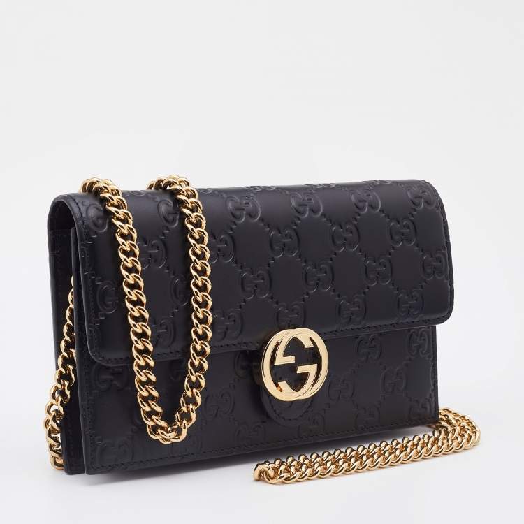 Pre Owned Gucci Black Guccissima Leather Icon Interlocking GG Chain Wallet