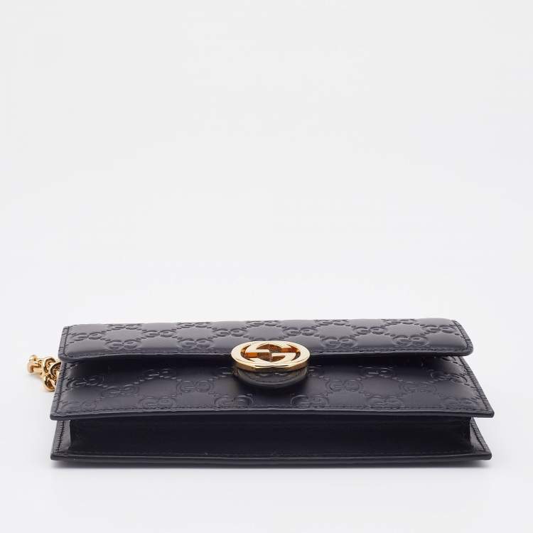 Pre Owned Gucci Black Guccissima Leather Icon Interlocking GG Chain Wallet