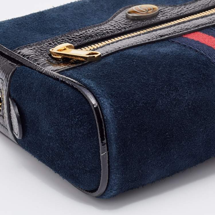 Pre Owned Gucci Navy Blue/Black Suede and Patent Leather GG Ophidia Belt Bag