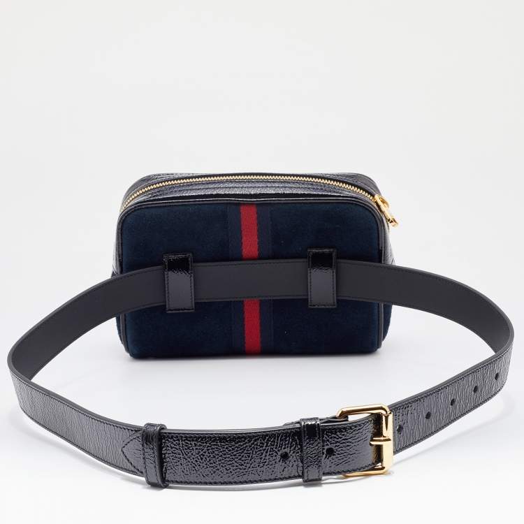 Pre Owned Gucci Navy Blue/Black Suede and Patent Leather GG Ophidia Belt Bag