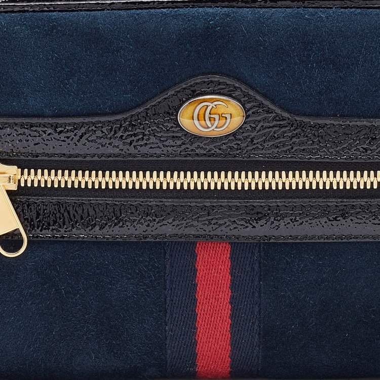 Pre Owned Gucci Navy Blue/Black Suede and Patent Leather GG Ophidia Belt Bag