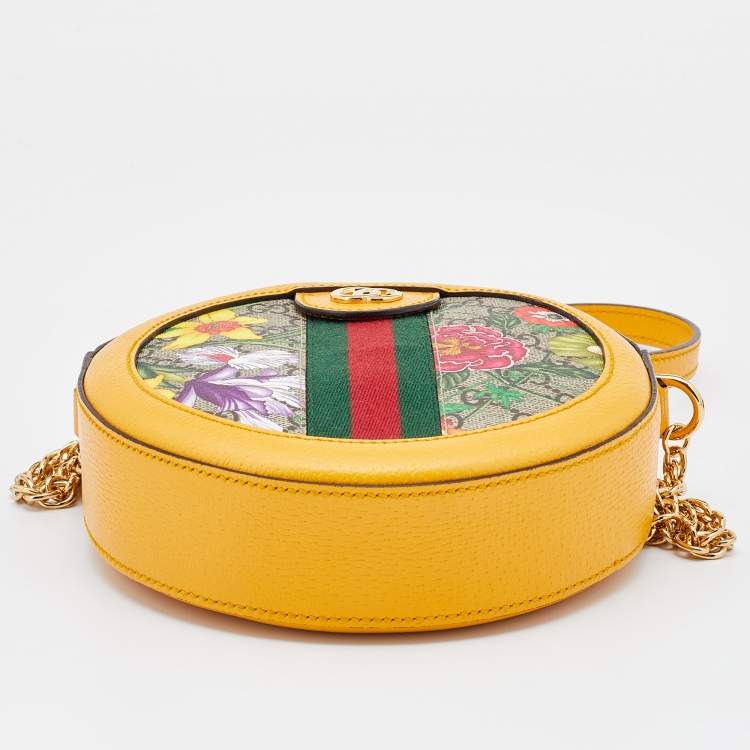 Pre Owned Gucci Yellow Leather and GG Supreme Canvas Flora Ophidia Mini Round Shoulder Bag