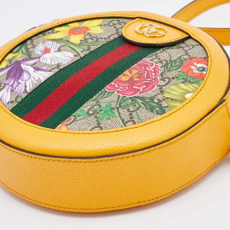 Pre Owned Gucci Yellow Leather and GG Supreme Canvas Flora Ophidia Mini Round Shoulder Bag