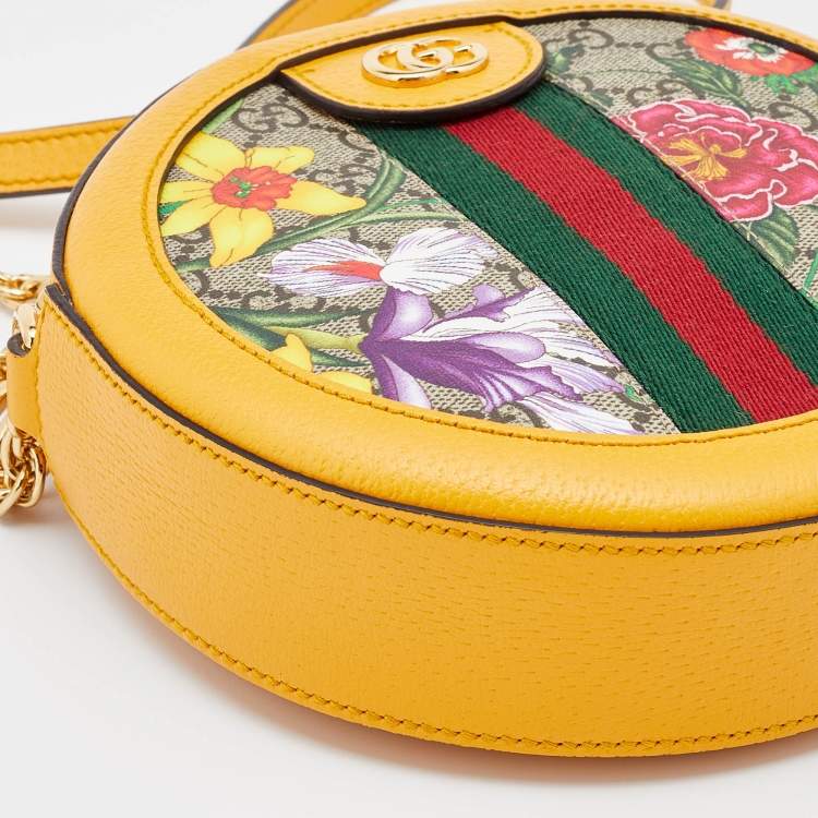 Pre Owned Gucci Yellow Leather and GG Supreme Canvas Flora Ophidia Mini Round Shoulder Bag