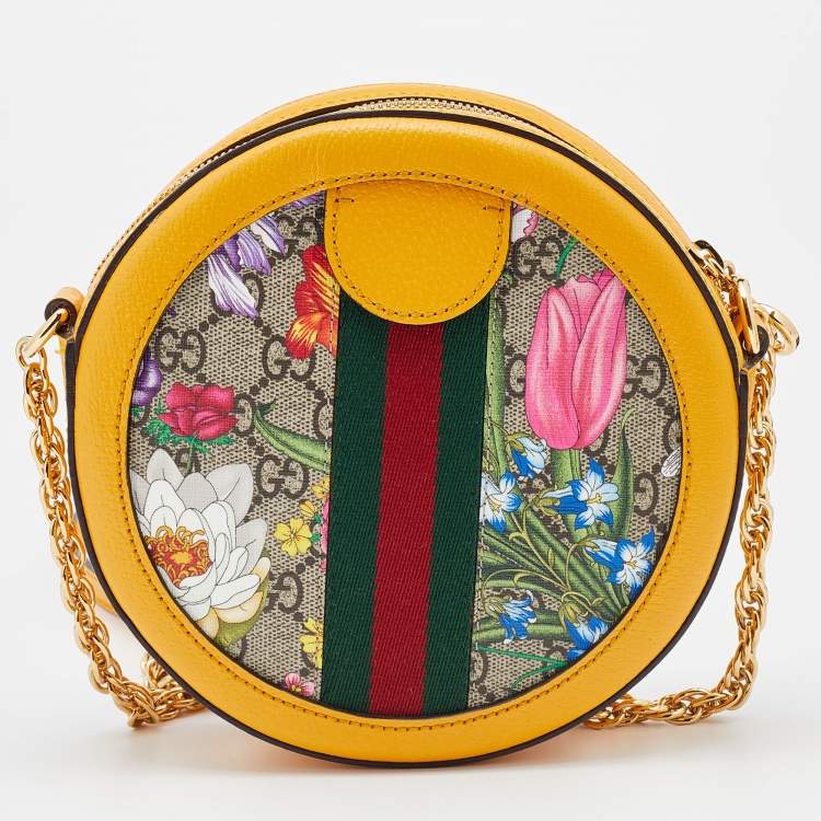 Pre Owned Gucci Yellow Leather and GG Supreme Canvas Flora Ophidia Mini Round Shoulder Bag