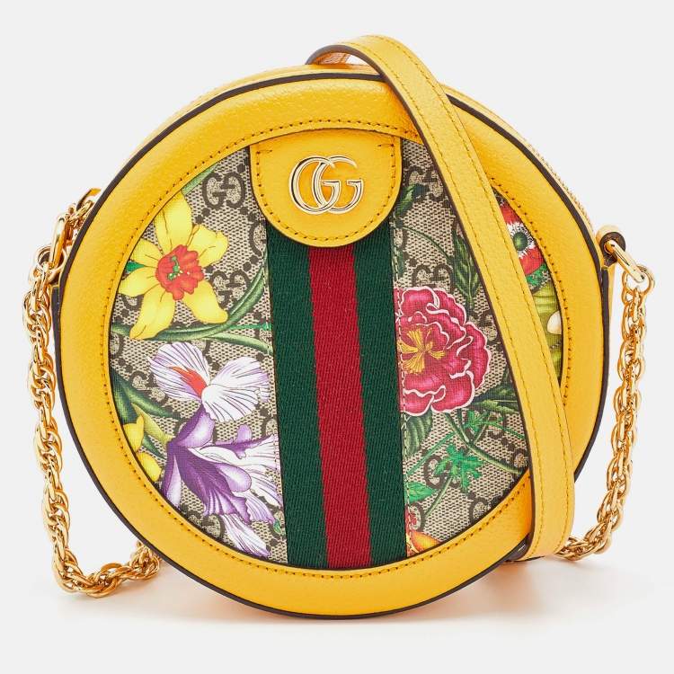 Pre Owned Gucci Yellow Leather and GG Supreme Canvas Flora Ophidia Mini Round Shoulder Bag