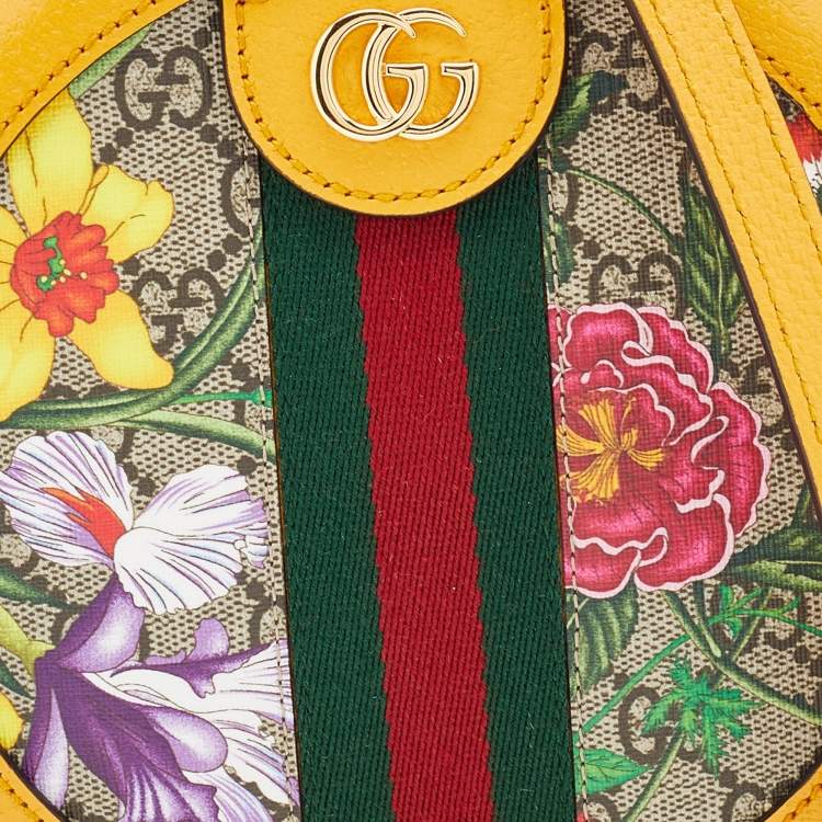 Pre Owned Gucci Yellow Leather and GG Supreme Canvas Flora Ophidia Mini Round Shoulder Bag