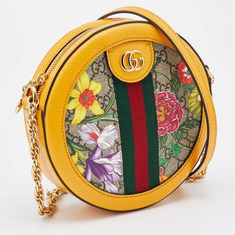Pre Owned Gucci Yellow Leather and GG Supreme Canvas Flora Ophidia Mini Round Shoulder Bag