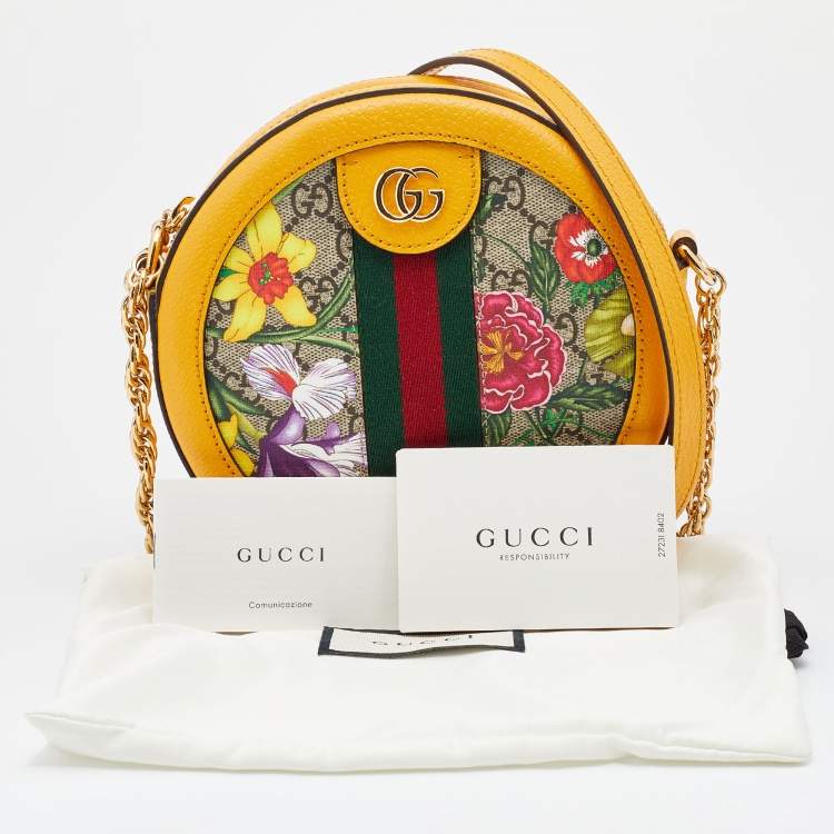 Pre Owned Gucci Yellow Leather and GG Supreme Canvas Flora Ophidia Mini Round Shoulder Bag