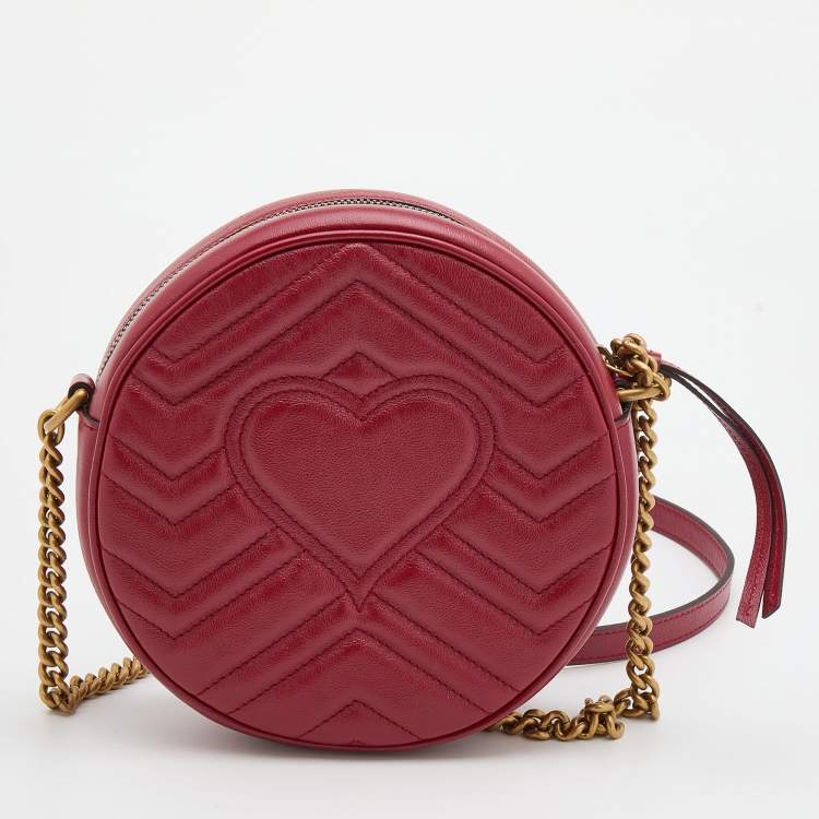 Pre Owned Gucci Red Matelassé Leather Mini GG Marmont Round Shoulder Bag