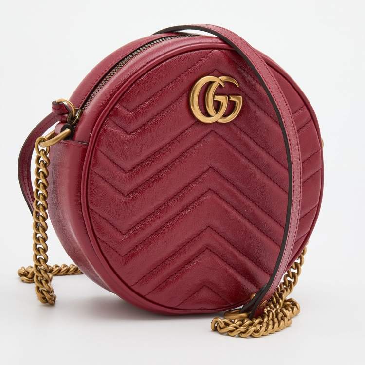 Pre Owned Gucci Red Matelassé Leather Mini GG Marmont Round Shoulder Bag