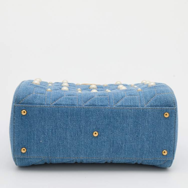 Pre Owned Gucci Blue Quilted Denim Small Pearl GG Marmont Tote