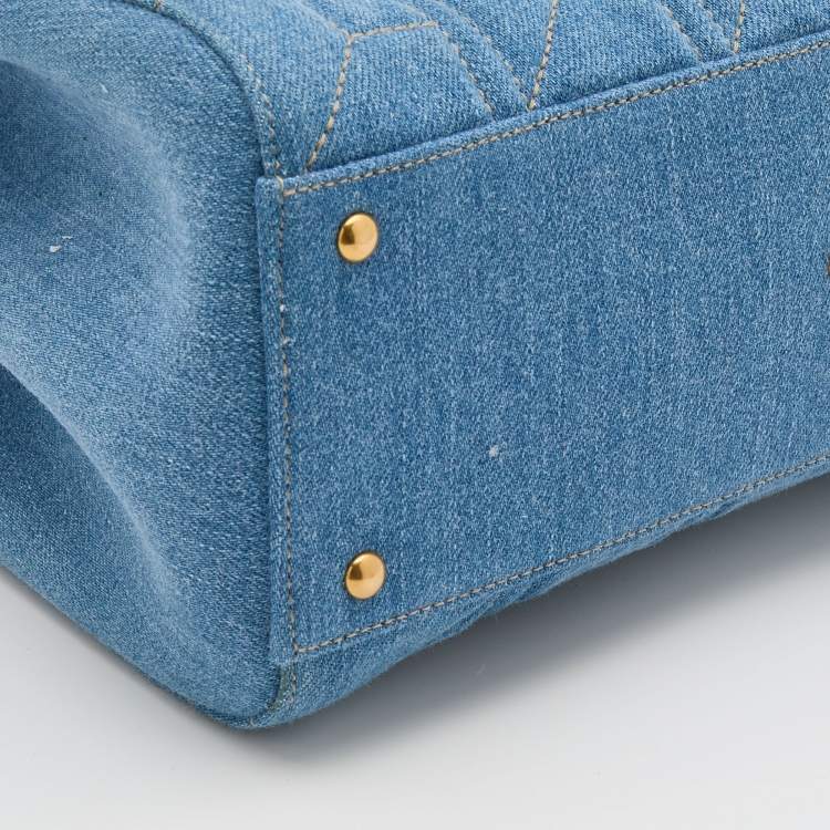 Pre Owned Gucci Blue Quilted Denim Small Pearl GG Marmont Tote