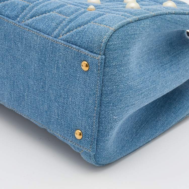 Pre Owned Gucci Blue Quilted Denim Small Pearl GG Marmont Tote