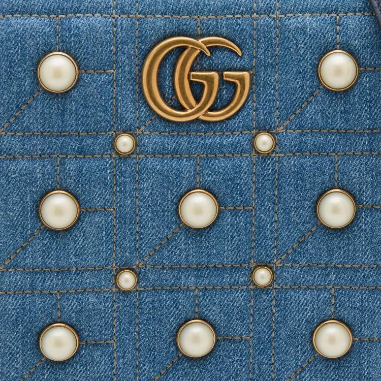 Pre Owned Gucci Blue Quilted Denim Small Pearl GG Marmont Tote