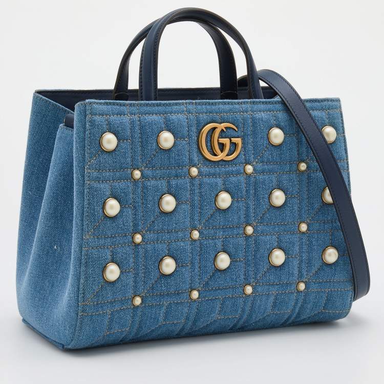 Pre Owned Gucci Blue Quilted Denim Small Pearl GG Marmont Tote