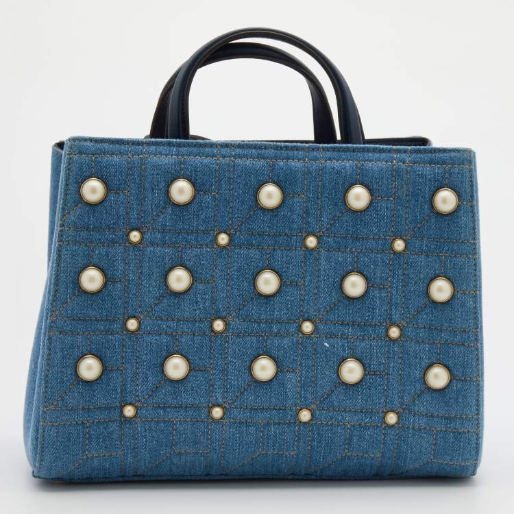 Pre Owned Gucci Blue Quilted Denim Small Pearl GG Marmont Tote
