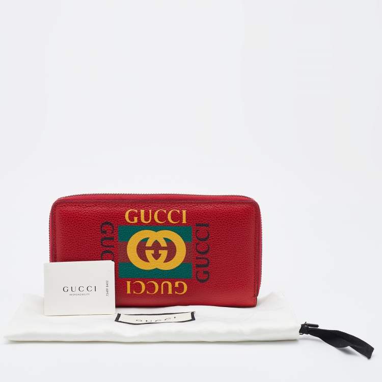 Pre Owned Gucci Red Leather Logo Print Zip Around Wallet