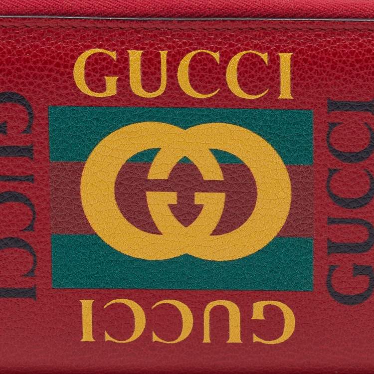 Pre Owned Gucci Red Leather Logo Print Zip Around Wallet